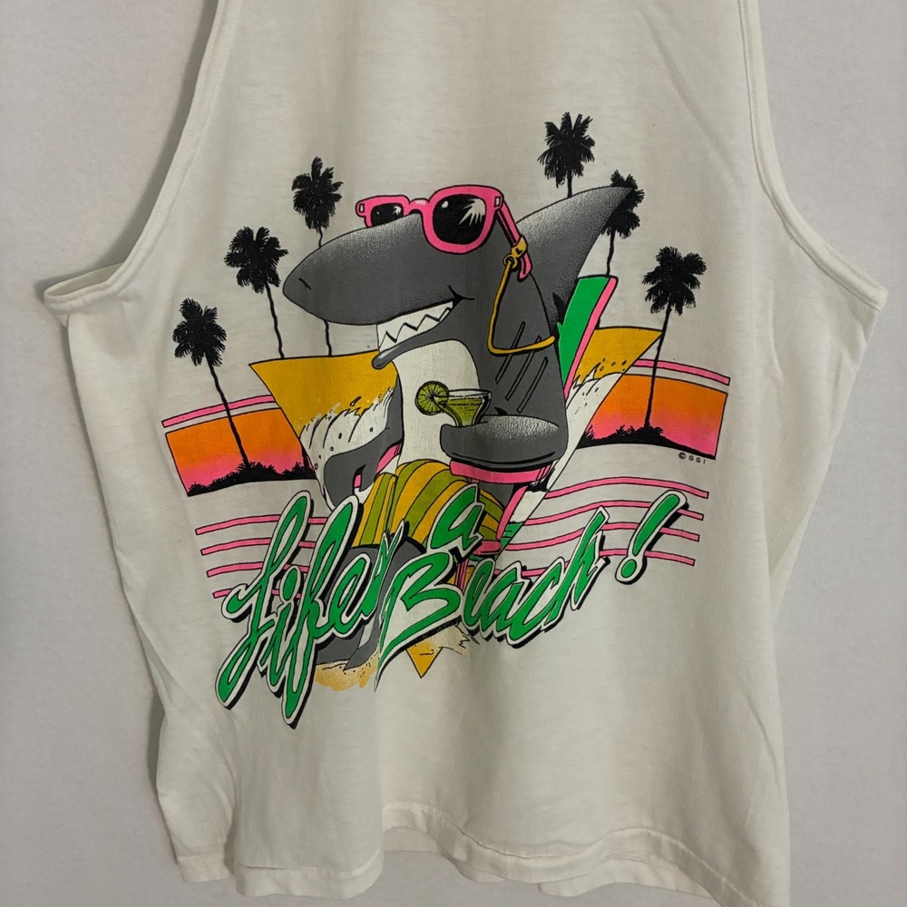 Vintage 80s Lifes A Beach Tank Top Fits S‎ Sleeveless Shark Single Stitch Beach - Picture 2 of 11
